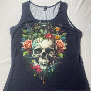 Ranlege Womens Black Floral Skull Graphic Tank Top